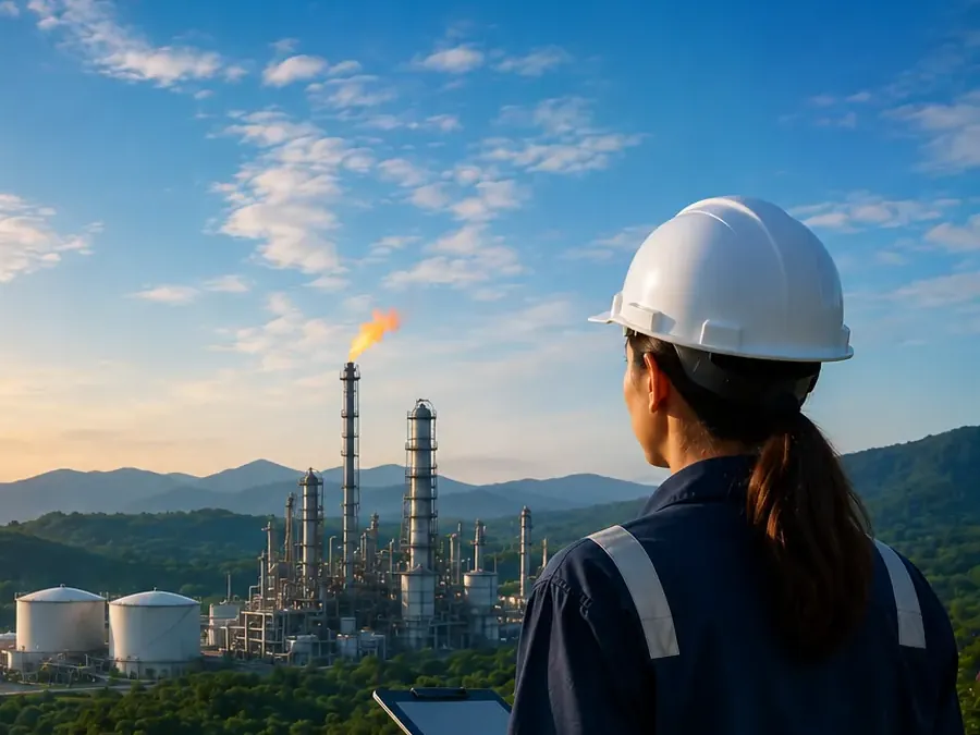 Ingeniera con casco y tableta frente a una planta del sector energético